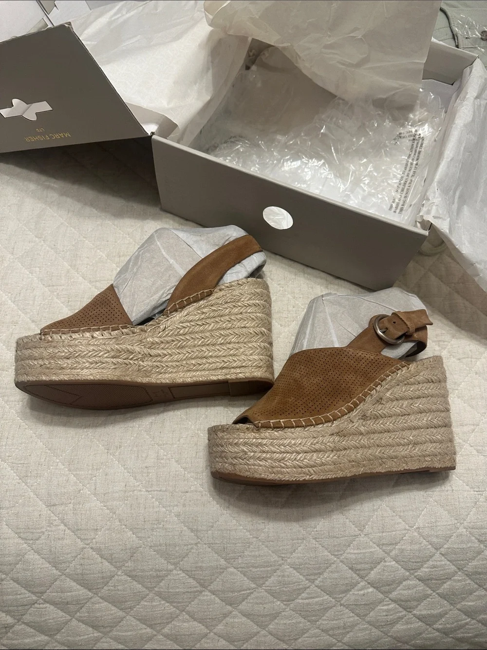 Marc Fisher Tan Perforated Espadrille Wedge Sandals